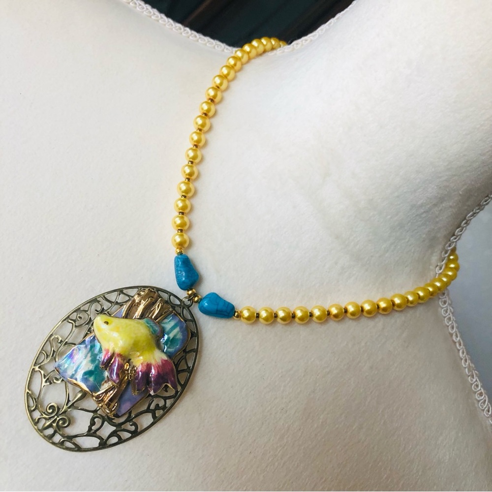 Handcrafted repurpose ceramic fish filigree pendant Czech glass Pearl necklace
